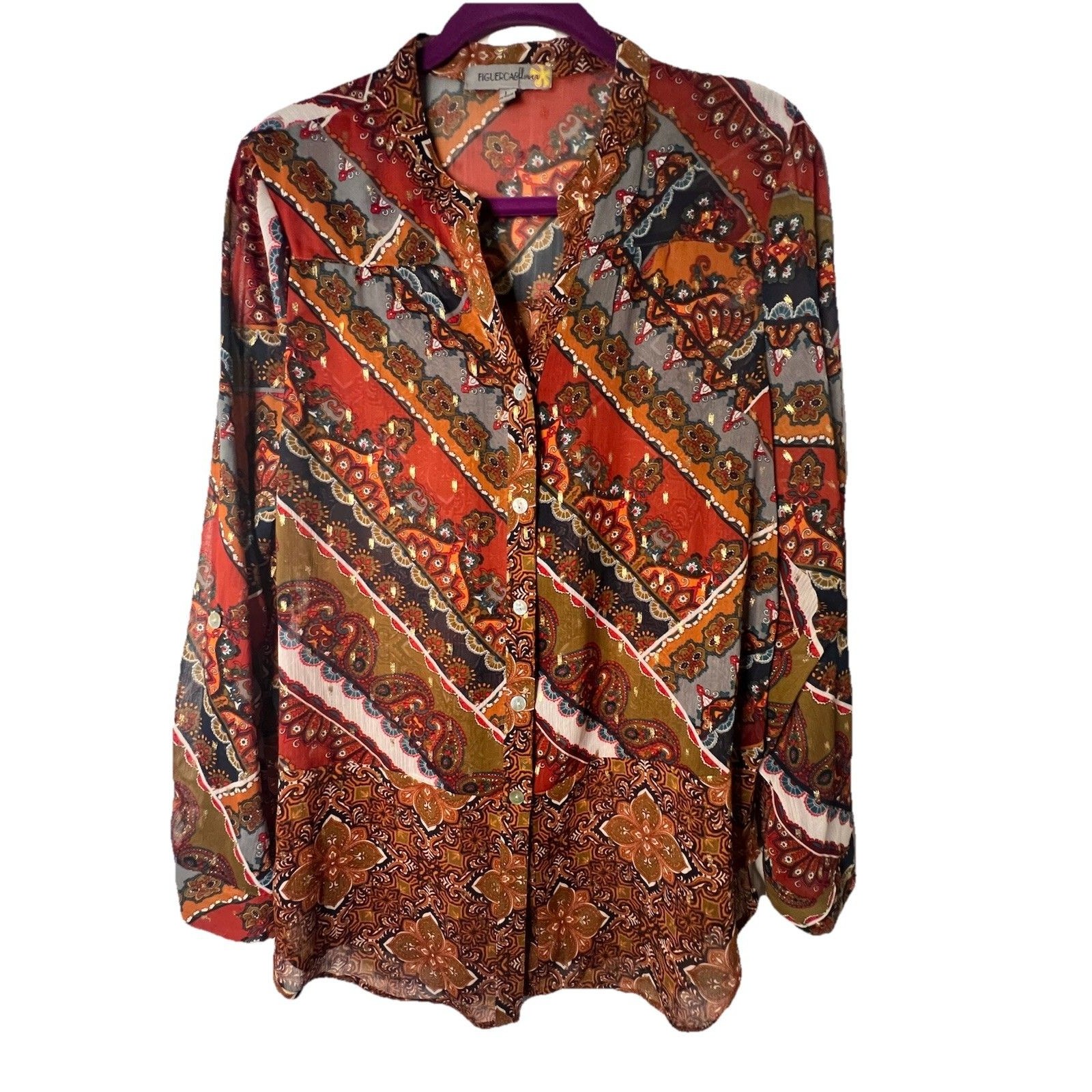 Women's Figueroa & Flower Sheer Button Down Top Size L